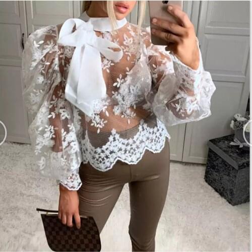 40# Women Blouse Hollow Out Long Sleeve Turtleneck Mesh Lace Bow Sexy Blouse Drawstring Ruched Sweater Tops Блузка С Кружевом