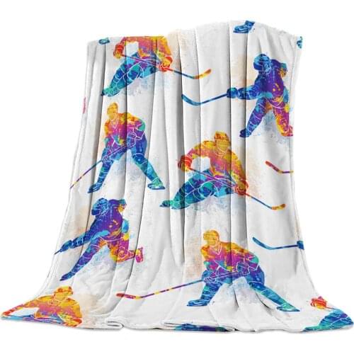 Watercolor Sport Hockey Player Throw Blanket Portable Soft Blanket for Sofa Microfiber Flannel Blankets for Beds