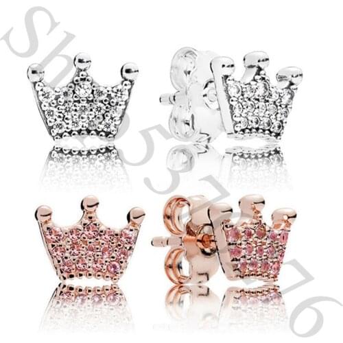 Authentic 925 Sterling Silver Rose Enchanted Crowns Europe Stud Earrings For Fashion Women Bead Charm Gift DIY Jewelry