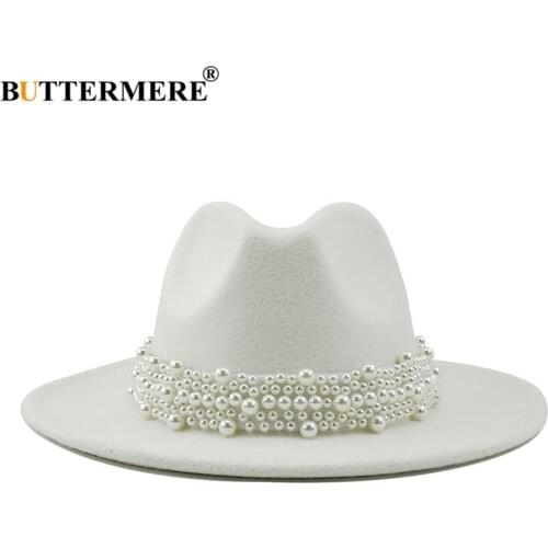 BUTTERMERE Jazz Fedora Hats Casual Women Pearl Felt Hat White Pink Yellow Blue Red Woolen Panama Trilby Formal Party Cap 58-61CM
