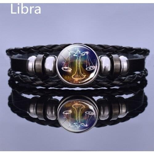 Black Multilayer Leather Bracelet 12 Constellation Bracelet Charms Zodiac Sign Glass Cabochon Handmade Bracelet Punk Jewelry