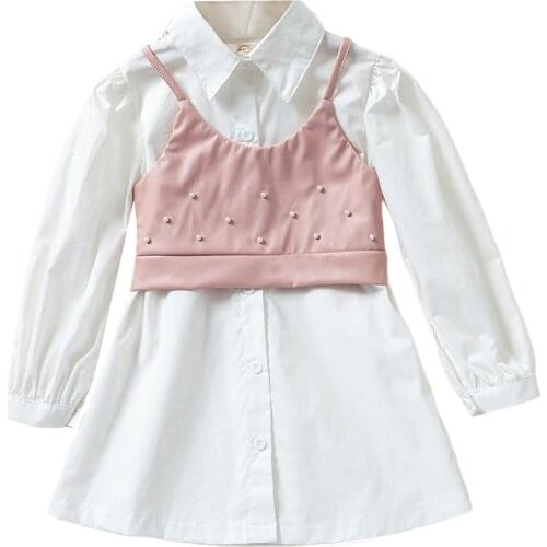 2Pcs Kids Autumn Clothes Girls Solid Color Long Sleeves Button Shirt Dress+ Sleeveless Pearl Camisole Tops Children Clothing Set