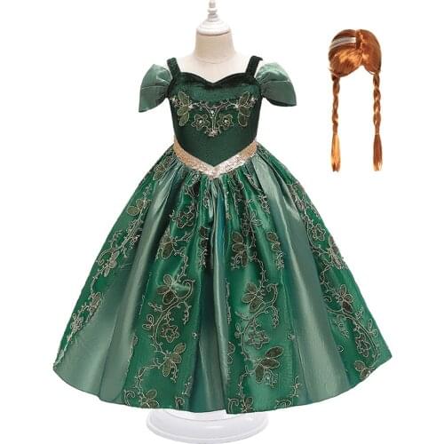 Cosplay Princess Party Anna Dress for Girls Flower Green Ball Gown Child Halloween Costume Girl Birthday Frock Wedding Clothes
