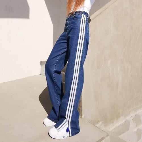 Denim Trousers Korean Fashion 2021 Spring New Temperament Contrast Color Three Bar Side Split Straight Jeans Female Trend