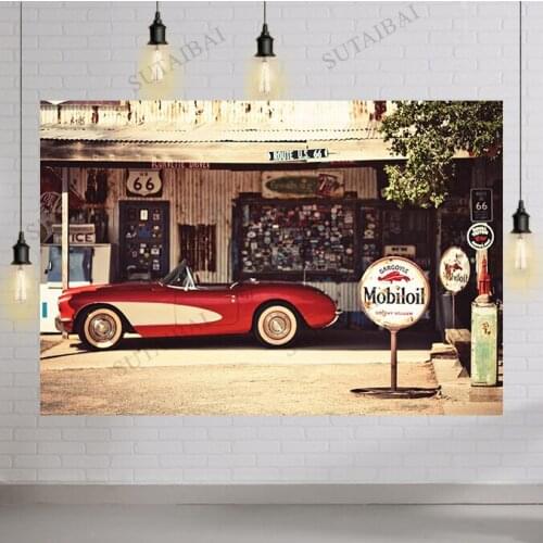 Highway Route 66 Shop Photography Backdrop Retro Car Wooden House Background for Portrait Photoshoot Studio Props