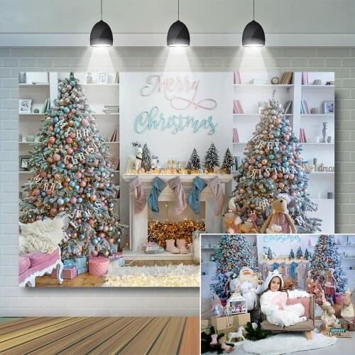 Pink Christmas Tree Photography Backdrop Kids Portrait Toy Room Child Girl Photostudio Fireplace Socks Bookshelf Festival Props
