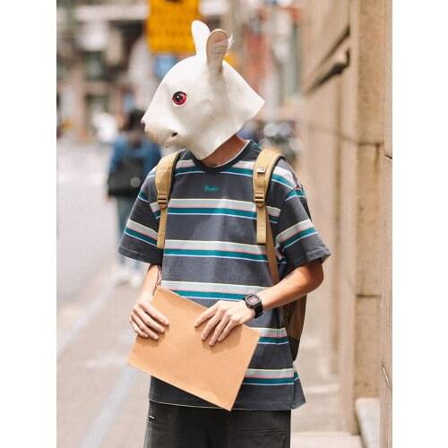 Summer fashion contrast color stripe short sleeve T-shirt mens fashion brand loose text embroidered couples T-shirt