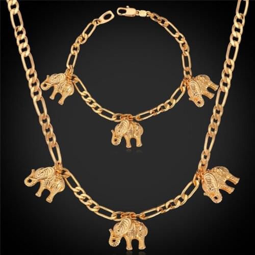 Gold Necklace & Bracelet Set For Women Men Jewelry Vintage Charms Elephant Gold Color Fashion Jewelry Sets NH5167