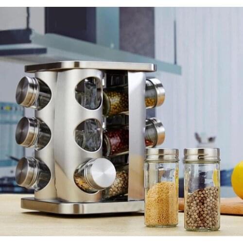 Kitchen Spice Jars Storage Rotatable Base Stainless Steel Jar Glass Jar Salt Shaker And Pepper Sprays Organizer Set Containers