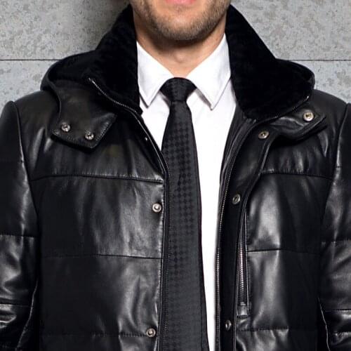 Winter Genuine Down Jacket Hooded Real Sheepskin Long Coat Windbreaker Men Leather Jackets 3377 KJ2995