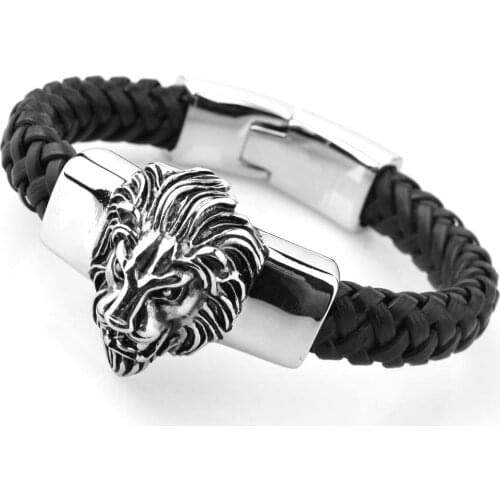 Granny Chic Black Genuine Leather Man Bracelets For Men Punk Stainless Steel Lion Head Mens Bracelets & Bangles Friends Jewelry