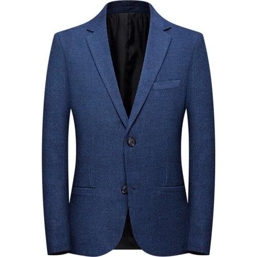 Men Spring Autumn Blazer Slim Fit Stripe Formal Casual Suit Jacket Business Work Office Daily Life Blue Single Breasted 2-Button