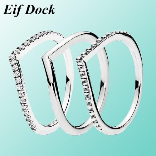 Eif Dock 3 Style Silver Color Sparkling Wishbone Stacking Ring Set Clear CZ Fashion Instagram Jewelry For Women Engagement Gift