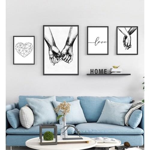 Print Nordic Wall Pictures For Living Room Love Poster Couple Holding Hands Painting Black And White Wall Art Canvas Minimalist