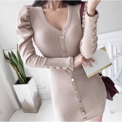 New 2021 Womens Autumn Winter Knitted Dresses Korean Fashion Elegant Lady Package Hip Vintage Short Sleeve Mini Dress