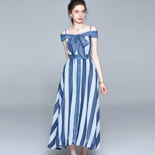 New Women Denim Dress Summer 2021 Casual Vintage Style Slash Neck Strapless Sleeveless Stripe Slim Long Dress