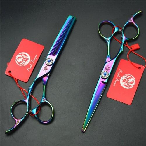 2Pcs Left Hand 6 inch 17.5cm Colorful Professional Human Hair Scissors Hairdressing Scissors Cutting Shears +Thinning Scissor