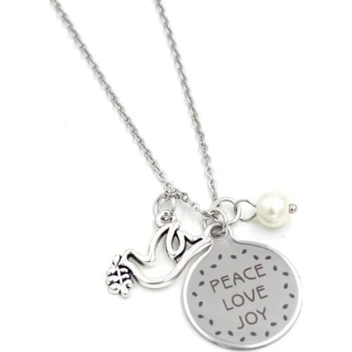 Wholesale 10PCS New Arrival Stainless Steel Chain peace dove charm Necklace peace love joy engraved stainless steel necklace