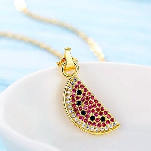Gold Plated Watermelon Necklace Pendant Colorful Micro Paved Zircon Stainless Steel Chain Zirconia Necklaces for Women Jewelry
