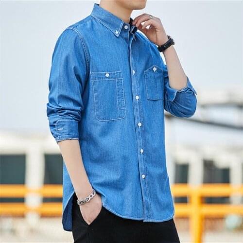 Mens shirts New spring and summer mens long-sleeved shirts pure cotton denim casual men slim solid color long-sleeved shirts