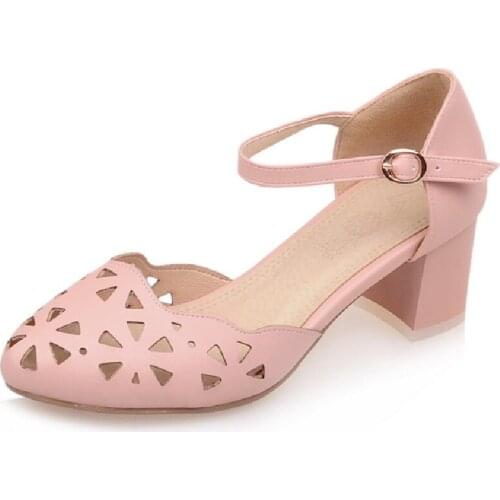 Round Toe Womens Sandals Summer Shoes Ankle Straps Cut-outs Pink Blue White Party Wedding Shoes Ladies New 2021