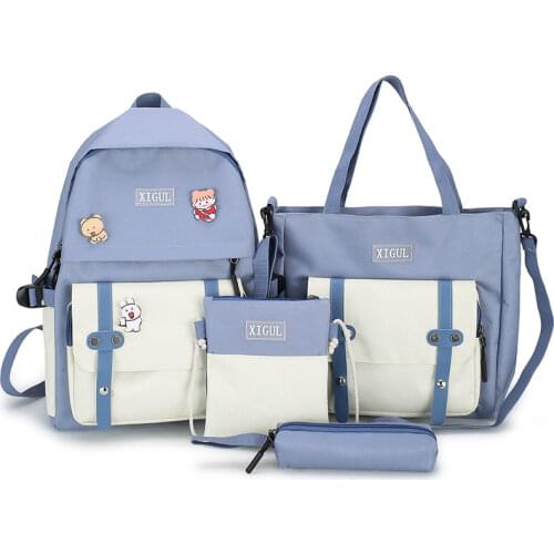 4pcs Sets Student School Bag For Girl New Female Kawaii Canvas Backpack Women Backbag Cute College Fashion Ladies Book Badge Bag