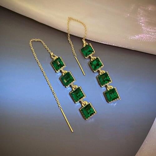 SRCOI Simple Square Green Crystal Tassel Earrings For Women Retro Bridal Wedding Long Geometric Statement Earring Jewelry 2021