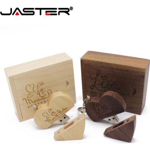 JASTER (over 1 PCS free LOGO) walnut wooden heart + box USB flash drive creative pendrive 8GB 16GB 32GB 64GB memory stick