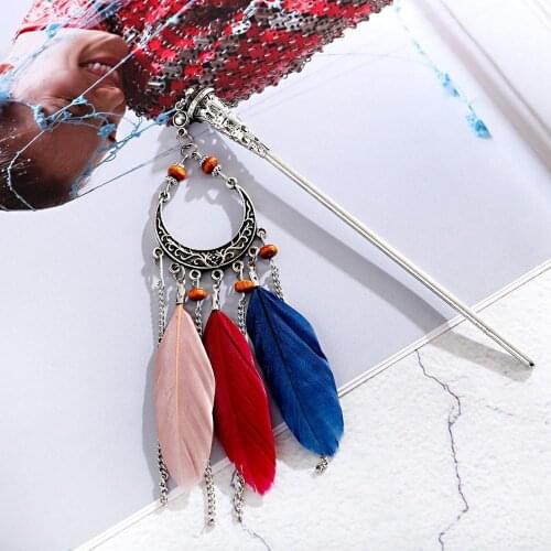 Four Color Feather Hair Pins Chain Pendant Hair Sticks For Hair Beads Tassel Vintage Jewelry Ethnic Boho Women Accessories Girls
