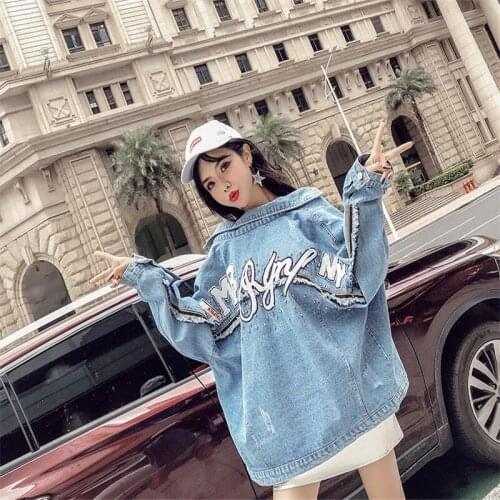 Women 2018 Tops Letter Embroidery Denim Jacket Coat Spring Autumn Long Ripped Tassel Jean Jacket Women Beading Jeans JacketHC049