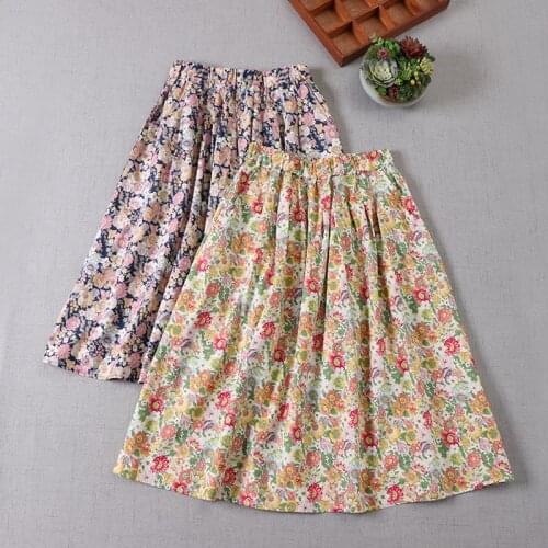 Japan Style Mori Girl Floral Print Cotton Skirt 2021 New Spring Women Loose A-line Midi Skirts