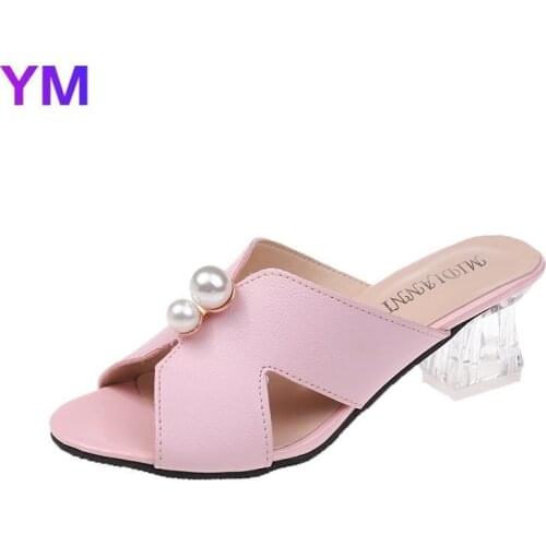2021 PU Pearl Jelly Crystal Sandals Open Toed High Heels Peep Toe Women Solid Transparent Heel Sandals Square Heel Zapatos
