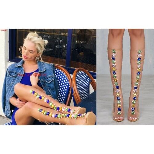 Mixed Color Rhinestone Lady Knee High Boots Summer Transparent Gladiator Boots Designed Crystal High heel Sandal Boots Shoes