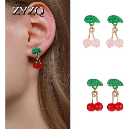 ZYZQ New Arrival Cute Cherry Earrings For Women Sweet Fruit Cherry Eardrop Earrings Female Fashion Youth Girl Students Jewelry