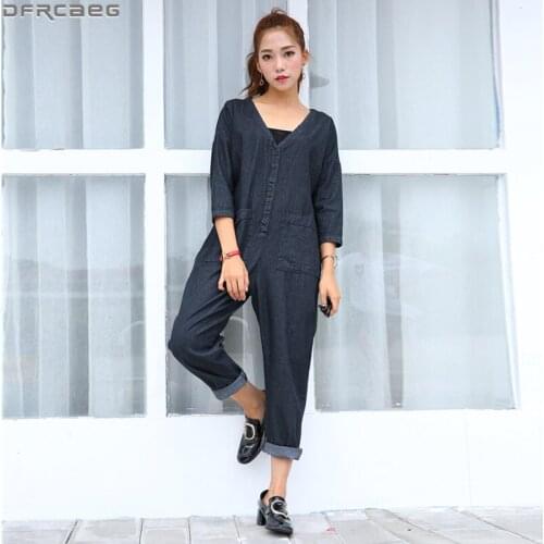 Vintage Black Denim Women Overalls New Spring Summer Streetwear Loose Ladies Rompers Half Sleeve Deep V-Neck Wash Jeans Jumpsuit