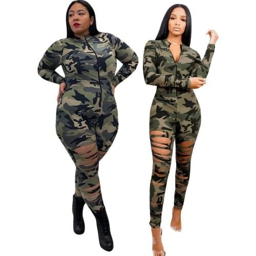 Rompers Womens Jumpsuit Zip Up Camouflage Long Sleeve Bodysuit High Waist Bodycon Hole Plus Size Rompers Wholesale Dropshipping