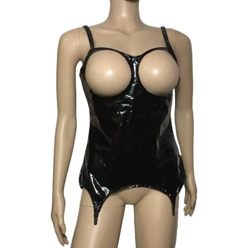 Women PVC Vinyl Cupless Teddy Lingerie Patent Leather Open Bra Tank Top with Garter Belt Bodysuit Fetish Costume
