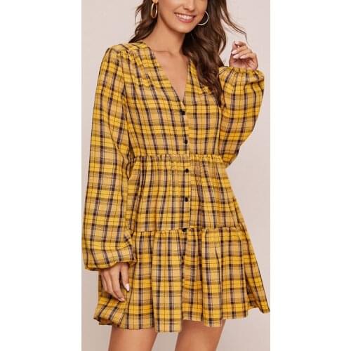 2021 Spring Long Sleeve Women Dress VD1363 Plus Size puff sleeves Loose Yellow Plaid Dress Vintage Sexy Mini robe femme