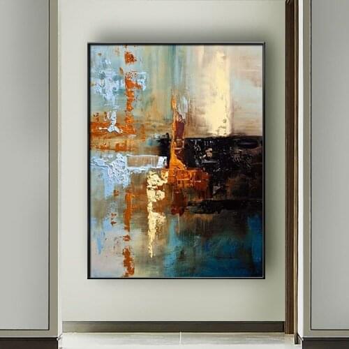 100% Hand Painted Abstract landscape oil painting for Blue gold foil canvas Wall art Picture Living room bedroom home decor Art