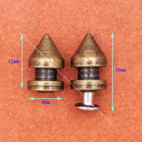 100X 12*8mm Brass Leathercraft Bag Garment Fasteners Spots Cone Studs Rivet Bullet Spikes Concho Rivetback Decor