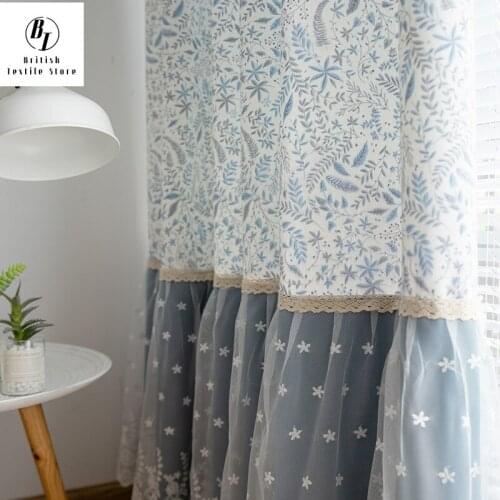 2021 Curtains for Living Dining Room Bedroom Blue Japanese Fresh Small Floral Cotton Linen Childrens Room Curtain Bay Window