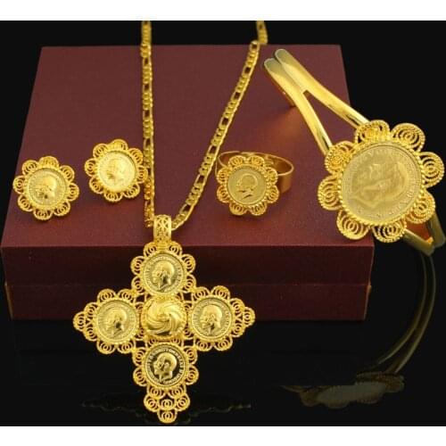 New Arrival Ethiopian 5pcs Coin Cross Wedding Jewelry Sets 24K Gold Color Bridal Romantic Habesha Jewelry for Women Best Gifts