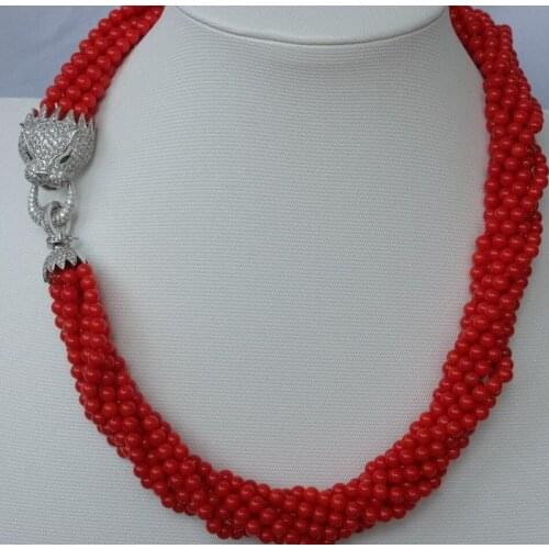 Free shipping fashion 8strds Red Coral Round necklace-zircon clasp