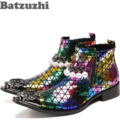 Batzuzhi Western Cowboy Rock Boots Men Pointed Iron Toe Color POP Night Club, Stage Mens Boots Zip Beads Party Boots Men Botas