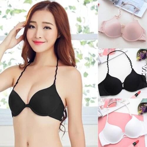 Women Sexy Halter V-Neck Front Buckle Bra Push Up Padded Beauty Backless Underwear Convertible Wavy Strappy Solid Color