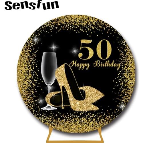 Sensfun Round Circle Adult Backdrop Black Gold Glitter Heels Woman Happy 30th 40th 50th Birthday Party Photography Background