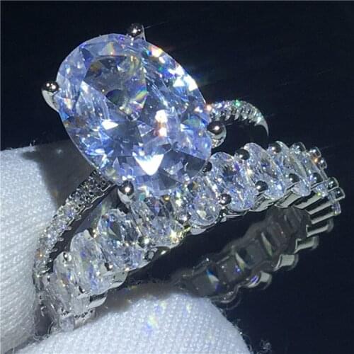 Fine ring Set Oval cut 3ct AAAAA Cz Stone Silver color Engagement wedding band ring for women men Luxury Jewelry Gift