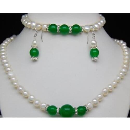 Jewelry Natural 7-8mm White Pearl & Green Beads Necklace Bracelet Earring Set