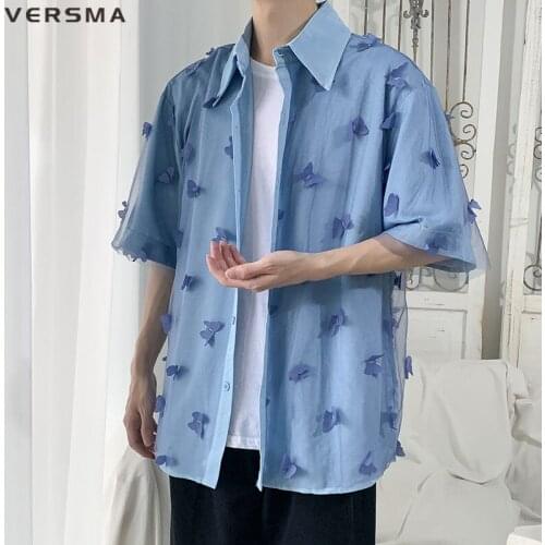 VERSMA Korean Retro Butterfly Design Mesh Top Shirt Men Summer Oversize White Hawaiian Short Sleeve Shirt Men Women Dropshipping