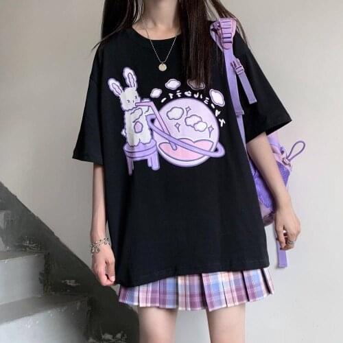 Harajuku Style Summer New JK Short-sleeved T-shirt Female Korean Cute Cartoon Printing Black T-shirt Female Uniform Student Top